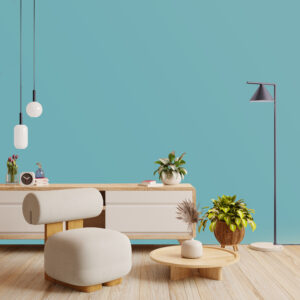 Mockup poster frame in modern interior background with armchair and accessories in the room.3d rendering