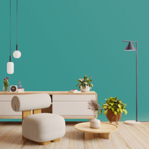 Mockup poster frame in modern interior background with armchair and accessories in the room.3d rendering